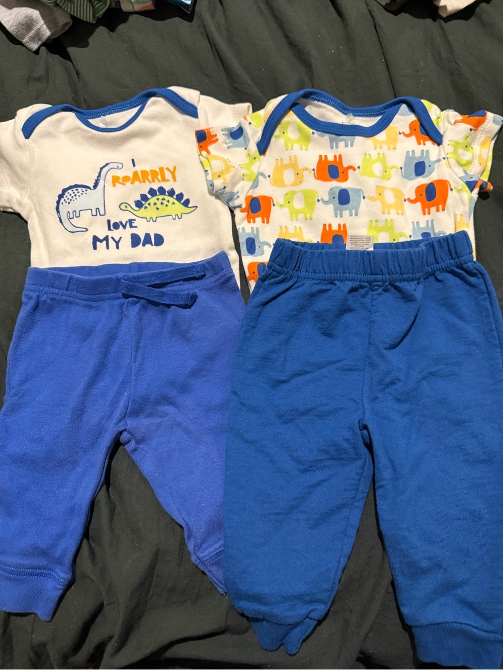 Baby Boy 0-3M Outfit Bundle 🐘🦕 2 Sets Onesies + Pants Blue Dinosaur Elephanti
